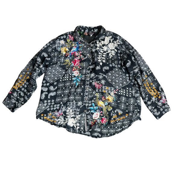 Johnny Was Senia Oversized Shirt size L large Embroidered top birds floral - Picture 10 of 13